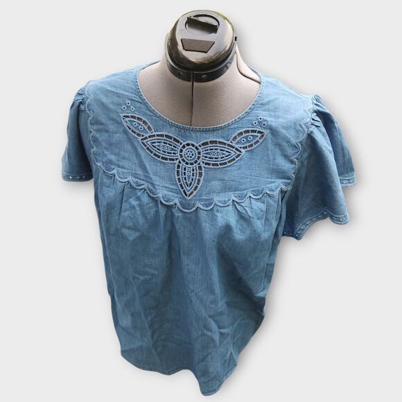 Lane Bryant Blouse Women's 18/2X Chambray Flutter Short Sleeve Cottagecore NWT - Picture 4 of 10